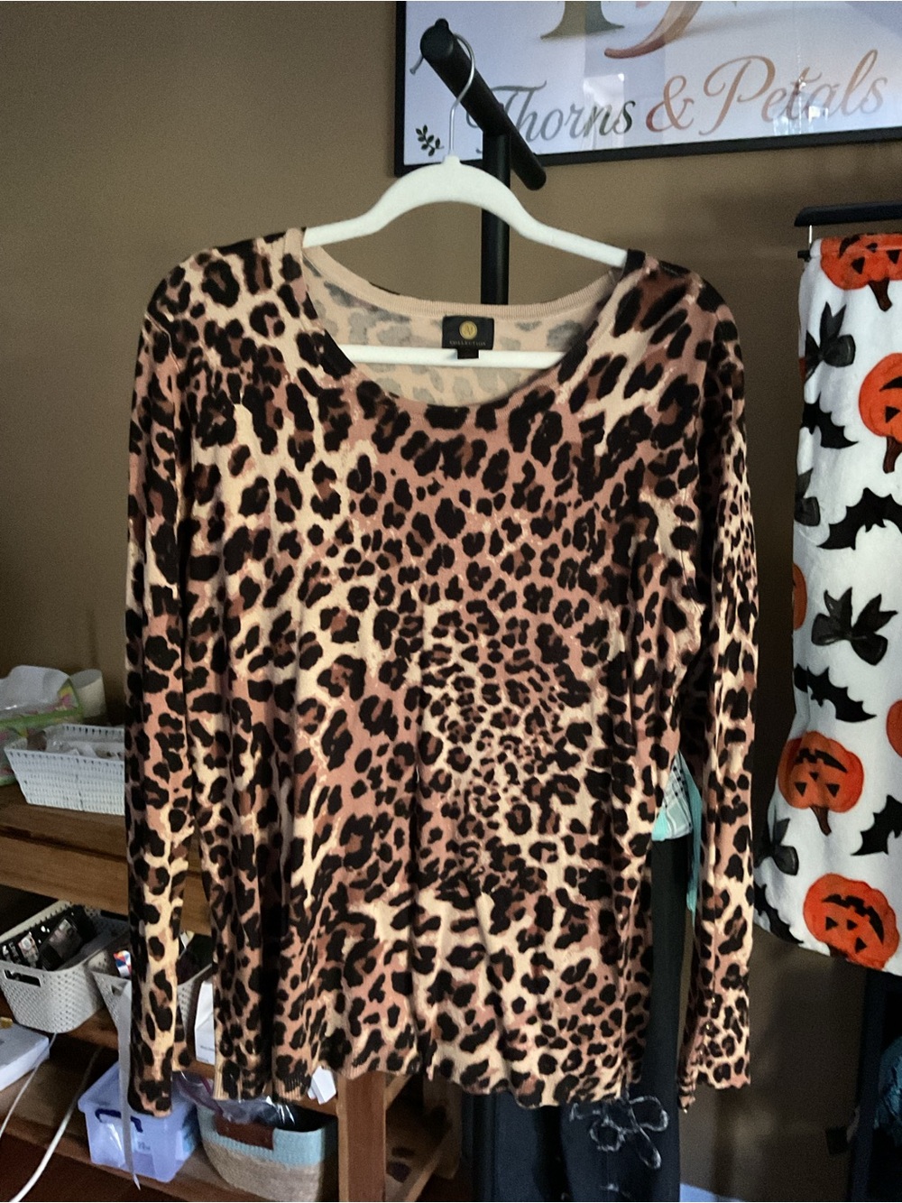 JM Collection Leopard Print Scoop Neck Sweater - Brown & Black